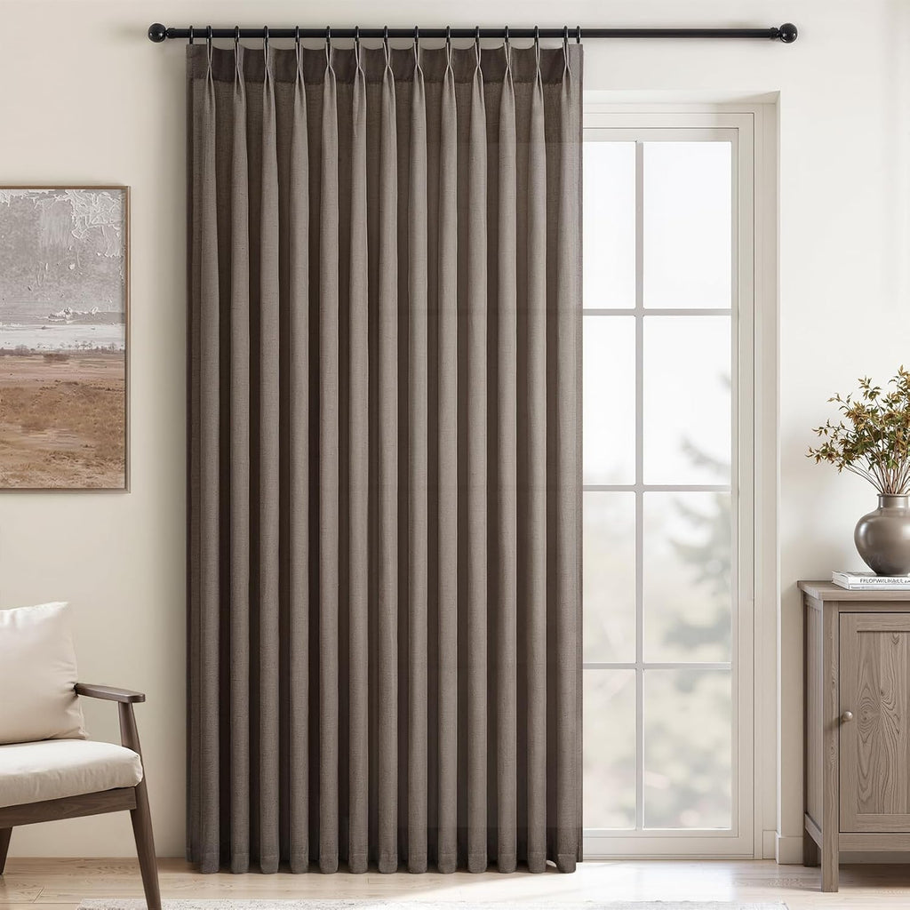 96 Inches Long Pleated Sheer Curtains,Dark Linen Blended Light Filtering Window Curtains 96 Length 2 Panels for Living Room Bedroom Pinch Pleat Drapes with Hooks 2 Panels 40" Wx96 L,Light Brown