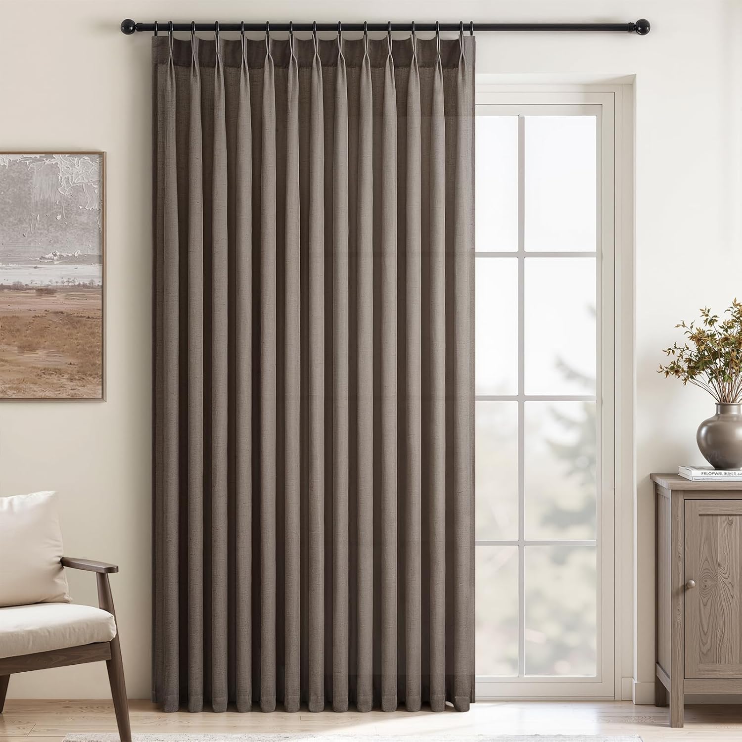 96 Inches Long Pleated Sheer Curtains,Dark Linen Blended Light Filtering Window Curtains 96 Length 2 Panels for Living Room Bedroom Pinch Pleat Drapes with Hooks 2 Panels 40" Wx96 L,Light Brown
