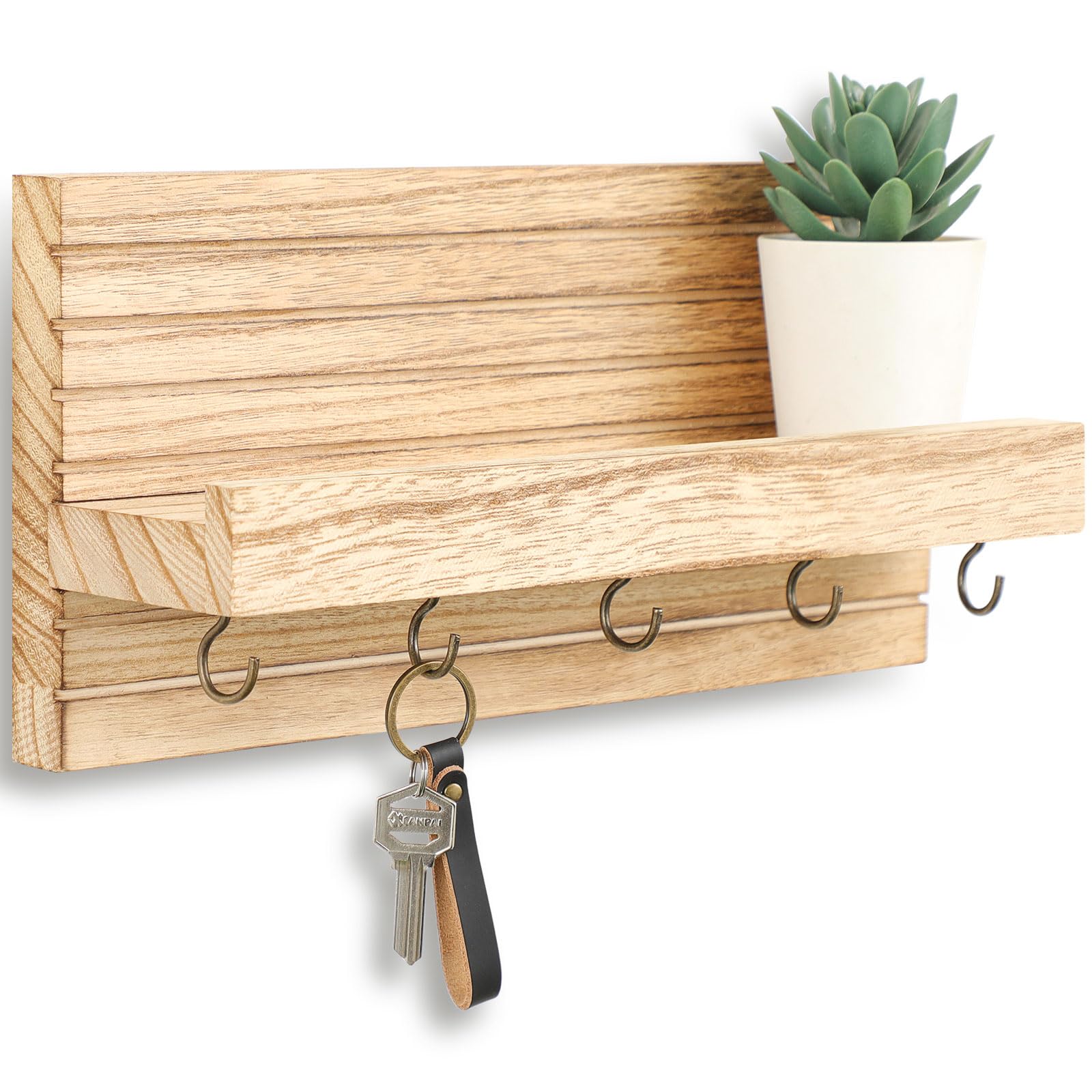 Decorative Key Holder for Wall with Shelf, Entryway Shelf with Hooks Holds Leashes, Jackets and Glasses – Sturdy Wood Keyholder Entrance Hanger with Mounting Hardware (Black, Medium)