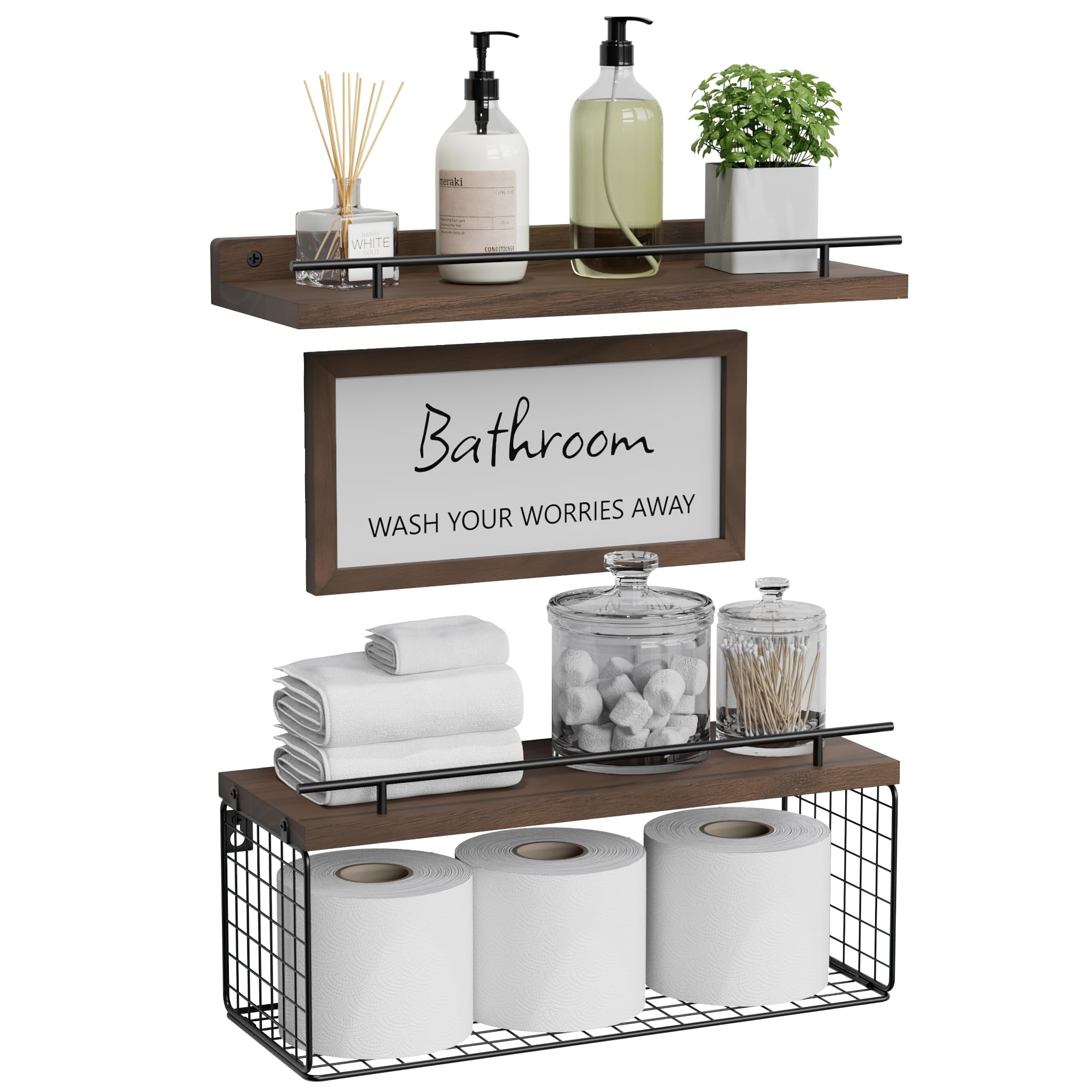 WOPITUES Floating Shelves for Wall Decor Sign, Bathroom Organizers and Storage, Bathroom Shelves Over Toilet with Metal Guardrail-Black