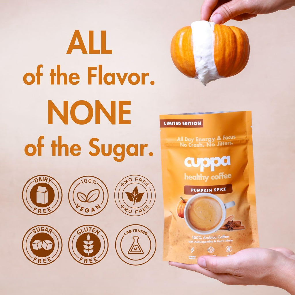 Cuppa Medium Roast Mushroom Coffee with Adaptogens & Superfoods - Lion’s Mane, Ashwagandha & Cordyceps. Adaptogens + MCT to support natural energy, mental focus & gut health (30 Servings)
