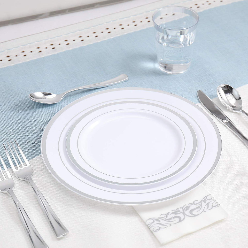 FOCUSLINE 350 Ct Disposable Dinnerware Set for 50 Guests -Heavy Duty Plastic Plates with Gold Rim, Includes 50 Dinner & Salad Plates, Cups, Napkins, Cutlery Set