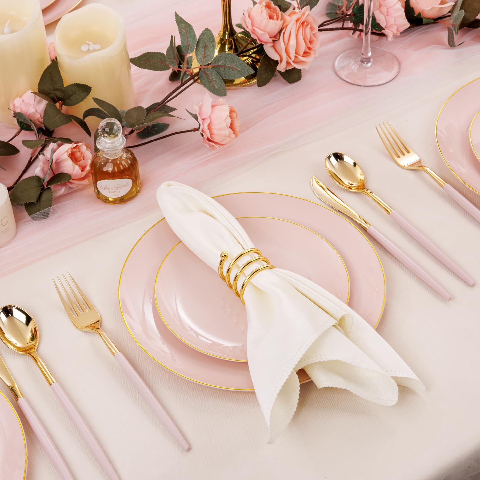DaYammi 150Pcs Gold Plastic Plates with Disposable Silverware,White Gold Disposable Dinnerware Set - 30 Dinner Plate,30 Dessert Plate,90 Gold Cutlery with White Handles,Fancy Plates for Party Wedding