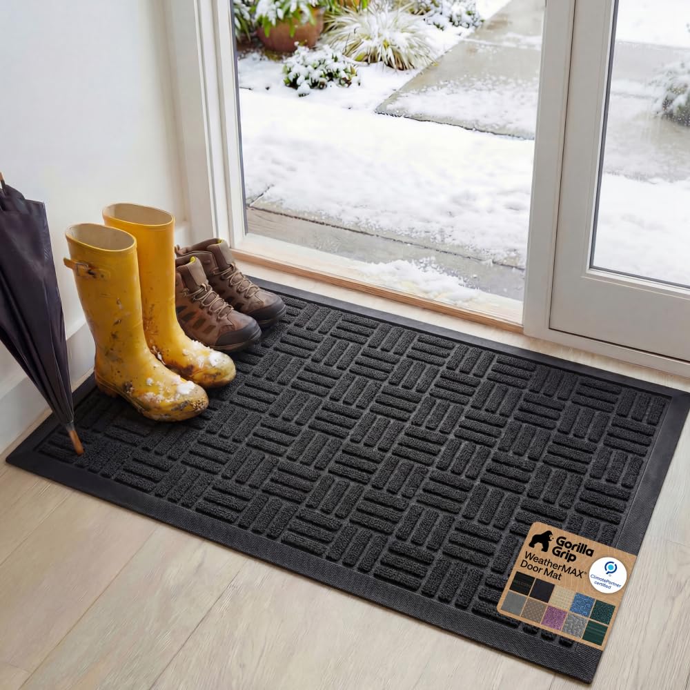 GORILLA GRIP 100% Waterproof All-Season WeatherMAX Doormat US Designed Natural Rubber, Stain Fade Resistant, Low Profile Indoor Outdoor Front Door Mats Outside Entrance, Easy Clean 29x17 Gray Diamond