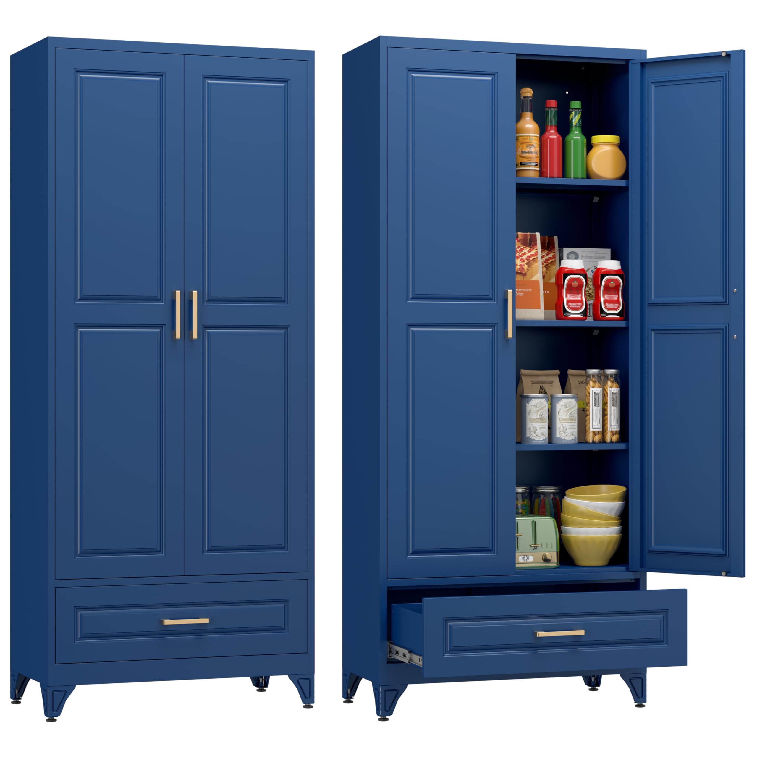 Polup White Kitchen Pantry Cabinet, 71 Inch Tall Metal Storage Cabinet with Doors and Shelves, Pantry Cabinets for Kitchen Storage, Freestanding Cupboard for Living, Dining Room, Assemble Required