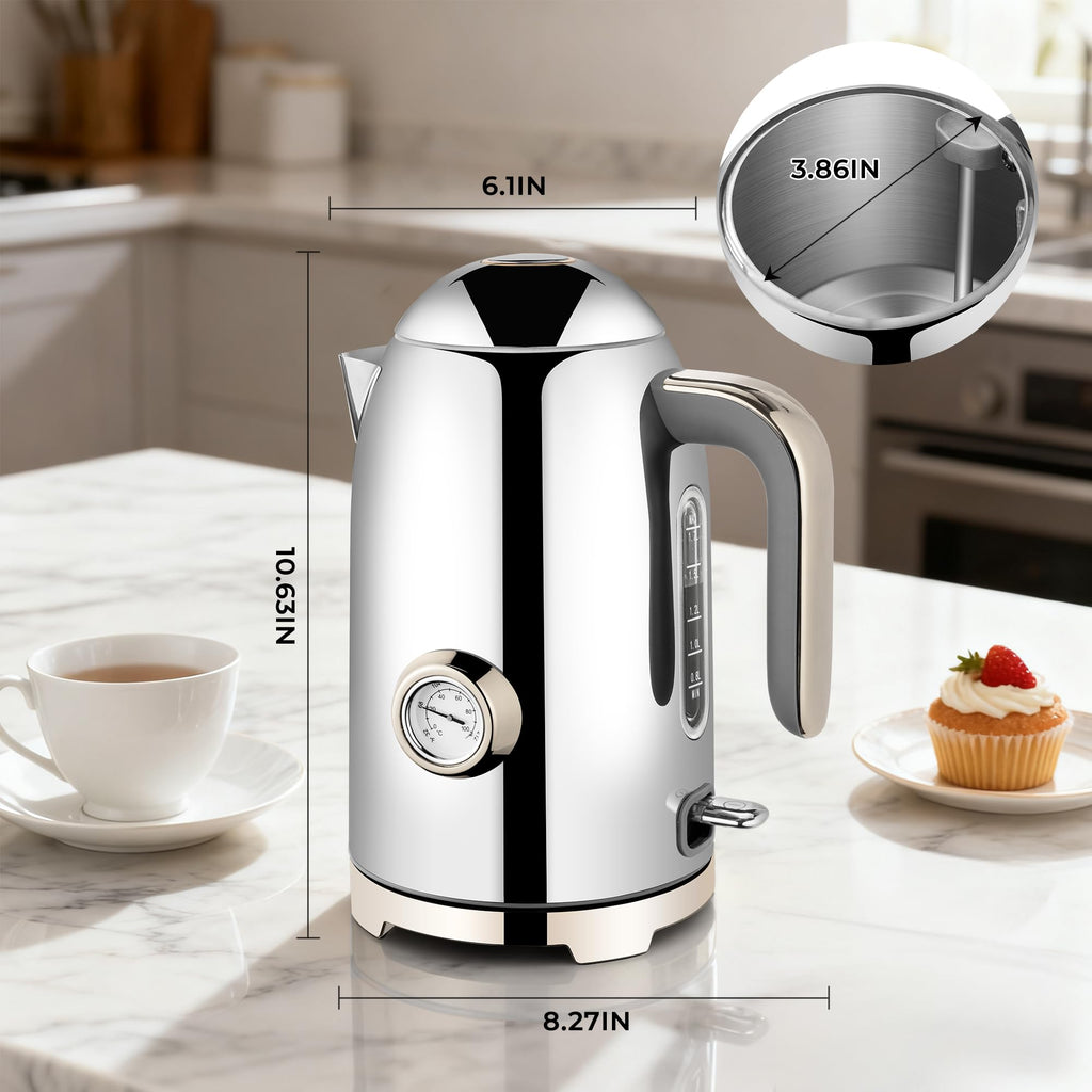 SUSTEAS Electric Kettle - 57oz Hot Tea Water Boiler with Thermometer, 1500W Fast Heating Stainless Steel Pot, Cordless LED Indicator, Auto Shut-Off & Boil Dry Protection, Retro Green