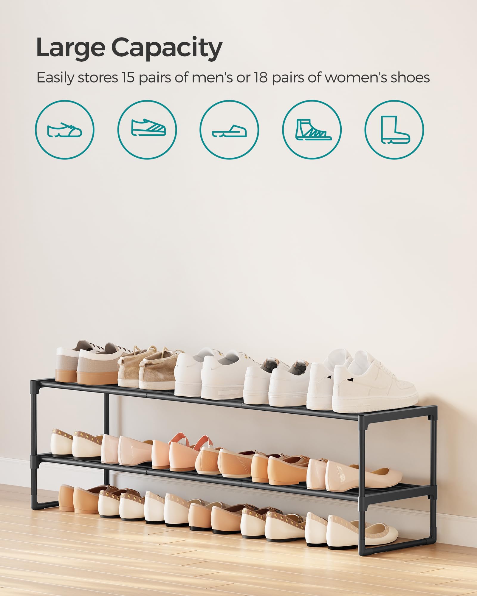 SONGMICS Shoe Rack, 3-Tier Shoe Organizer, Metal Storage Shelf, Upright or Upside Down, for 16-20 Pairs, Stackable, for Entryway, 11.8 x 36.2 x 21.7 Inches, Black ULSA303B02