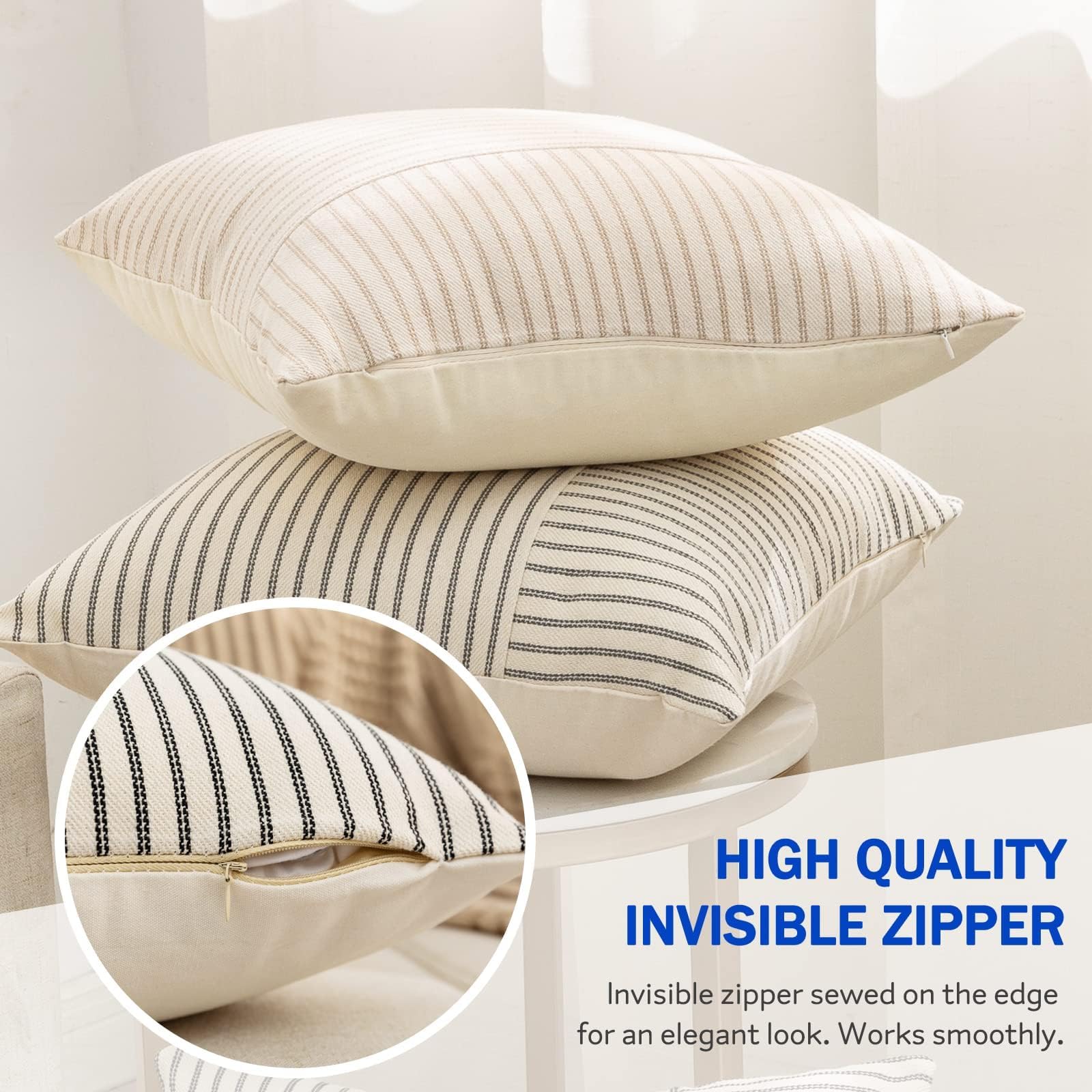 YCOLL Farmhouse Pillow Covers 18x18, Modern Accent Square Throw Pillow Covers Set of 2, Gray and Beige Striped Patchwork Linen Decorative Pillows Cushion Covers for Couch Chair Bedroom Home Decor
