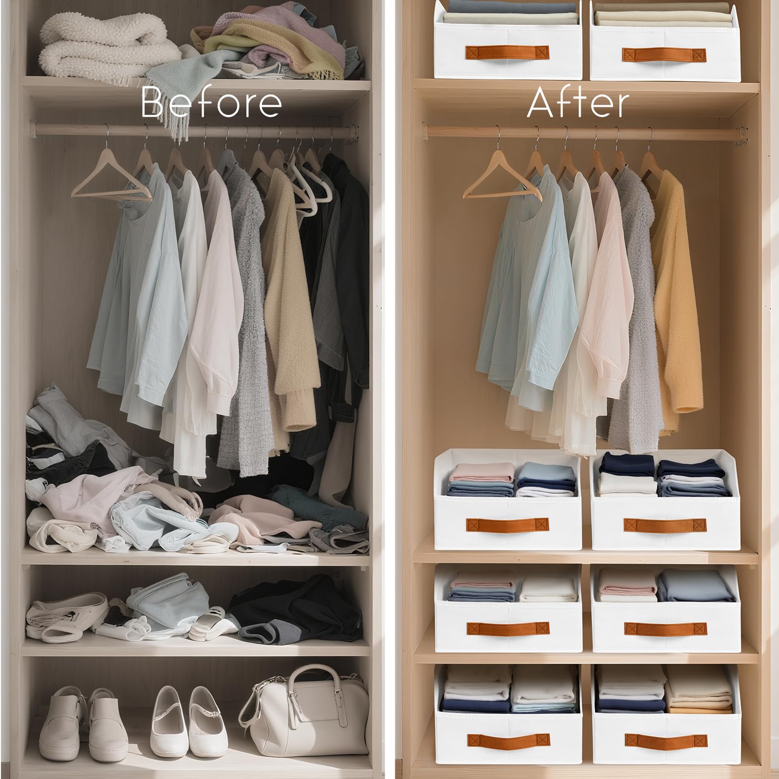 Homsorout Fabric Storage Bins for Organizing - 6 Pack Large Trapezoid Collapsible Storage Bins with Front Handle, Closet Organizers and Storage for Bedroom, Home Shelves, Small Spaces, Beige