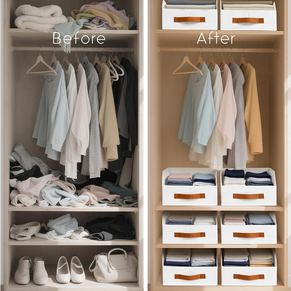 Homsorout Fabric Storage Bins for Organizing - 6 Pack Large Trapezoid Collapsible Storage Bins with Front Handle, Closet Organizers and Storage for Bedroom, Home Shelves, Small Spaces, Beige