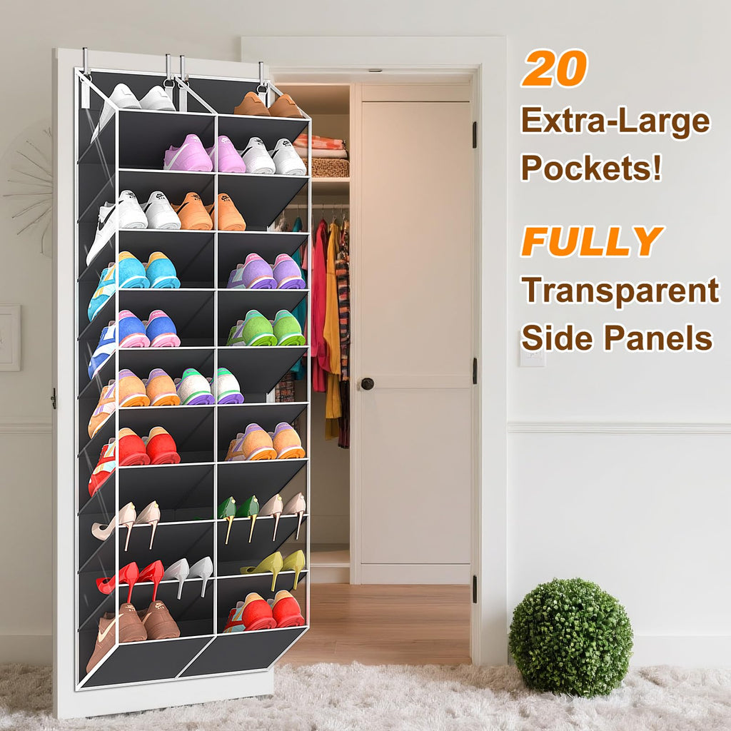 UVIAHOMI 20-30 Pairs Over the Door Shoe Organizer, Clear Pockets Hanging Shoe Storage for Closet, 10-Tier Door Shoes Rack, Handing Shoes Holder Fit All the Family's Sneakers, Boots, Heels, Black