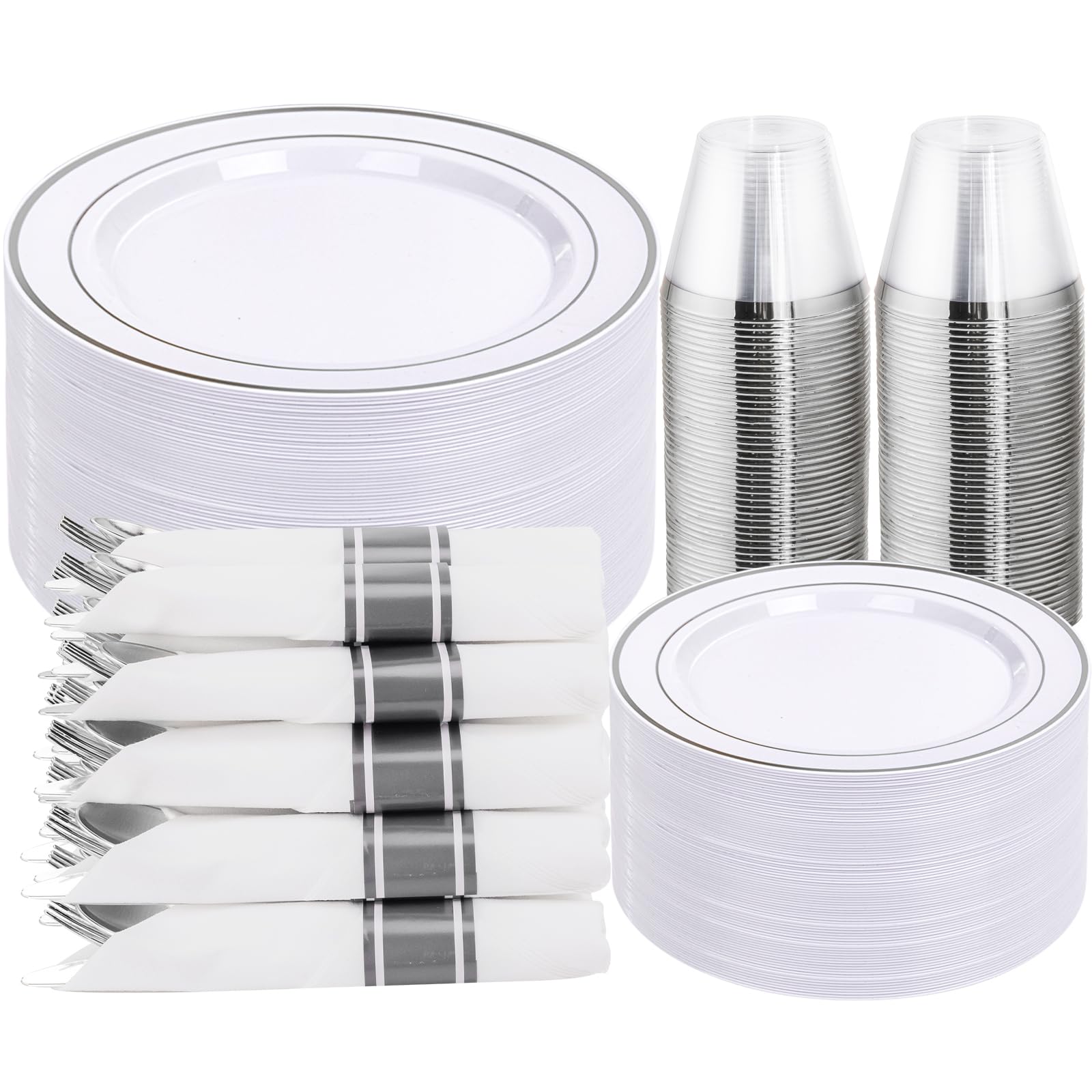 DaYammi 350PCS Gold Plastic Dinnerware Set for 50 Guests, Fancy Disposable Plates for Party, Include: 50 Dinner Plates, 50 Dessert Plates, 50 Pre Rolled Napkins with Gold Silverware, 50 Cups