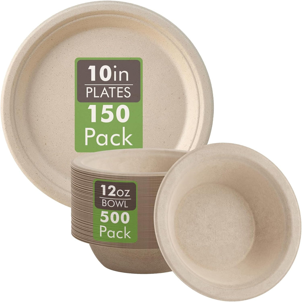 Vplus 150 Pack Compostable Disposable Paper Plates 10 inch and 500 Pack 12 OZ Paper Bowls