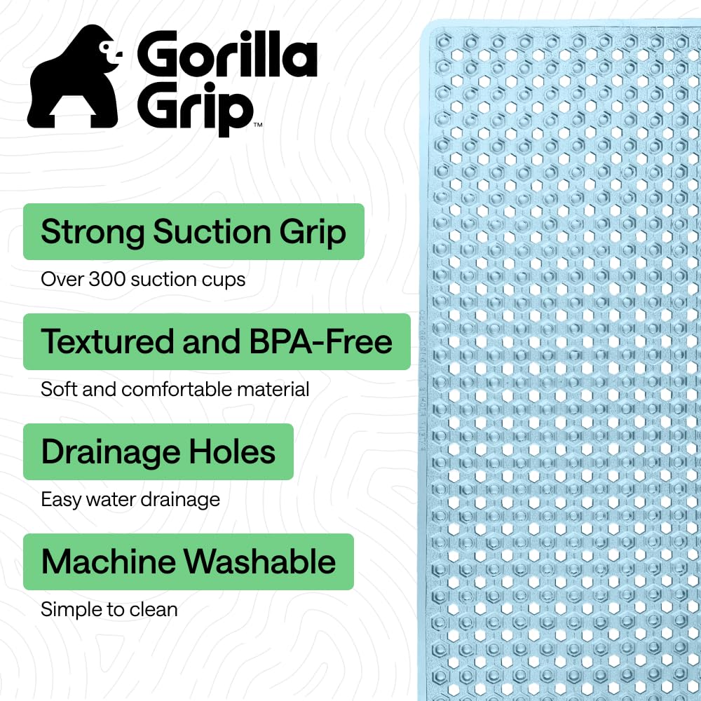 GORILLA GRIP Patented Bath Tub Shower Mat, Machine Washable Bathtub Floor Liner Mats, Suction Cups and Drain Holes to Keep Tubs Clean, Soft on Feet, Bathroom Essentials, 35x16 Inch, Clear