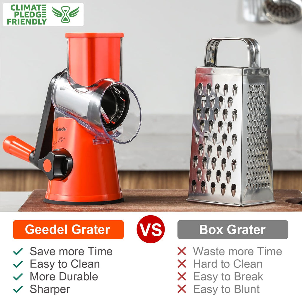 Geedel Rotary Cheese Grater, Kitchen Mandoline Vegetable Slicer with 3 Interchangeable Blades, Easy to Clean Rotary Grater Slicer for Fruit, Vegetables, Nuts