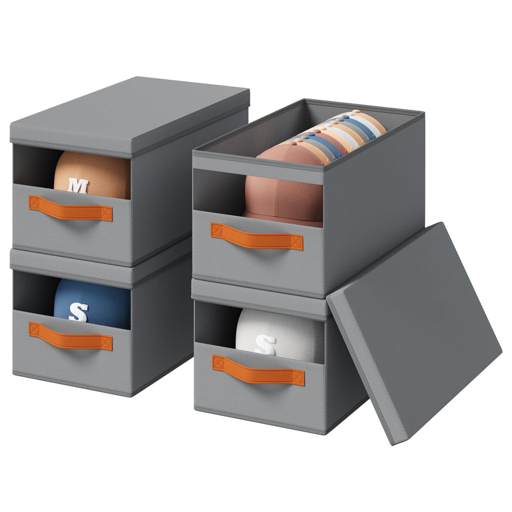 Homsorout Hat Organizer for Baseball Caps - 3 Pack Stackable Foldable Protective Lids Hat Storage Box with Clear Window Baseball cap organizer for Closet, Bedroom, Rv, Grey