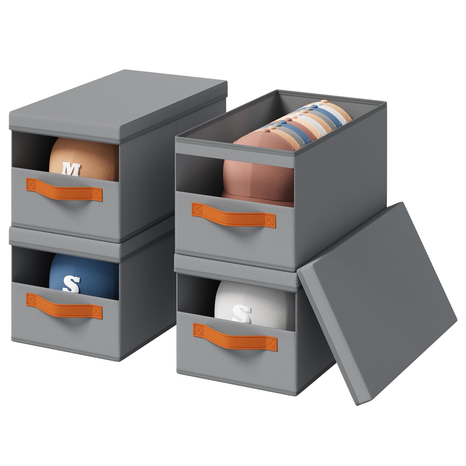 Homsorout Hat Organizer for Baseball Caps - 3 Pack Stackable Foldable Protective Lids Hat Storage Box with Clear Window Baseball cap organizer for Closet, Bedroom, Rv, Grey