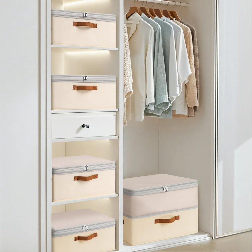 Homsorout Large Closet Storage Bins - Compression Organizer Bins, Stackable Closet Organizer, Expandable Under Bed Storage Containers for Clothes, Towels, Sheet, 2 Pack, Beige