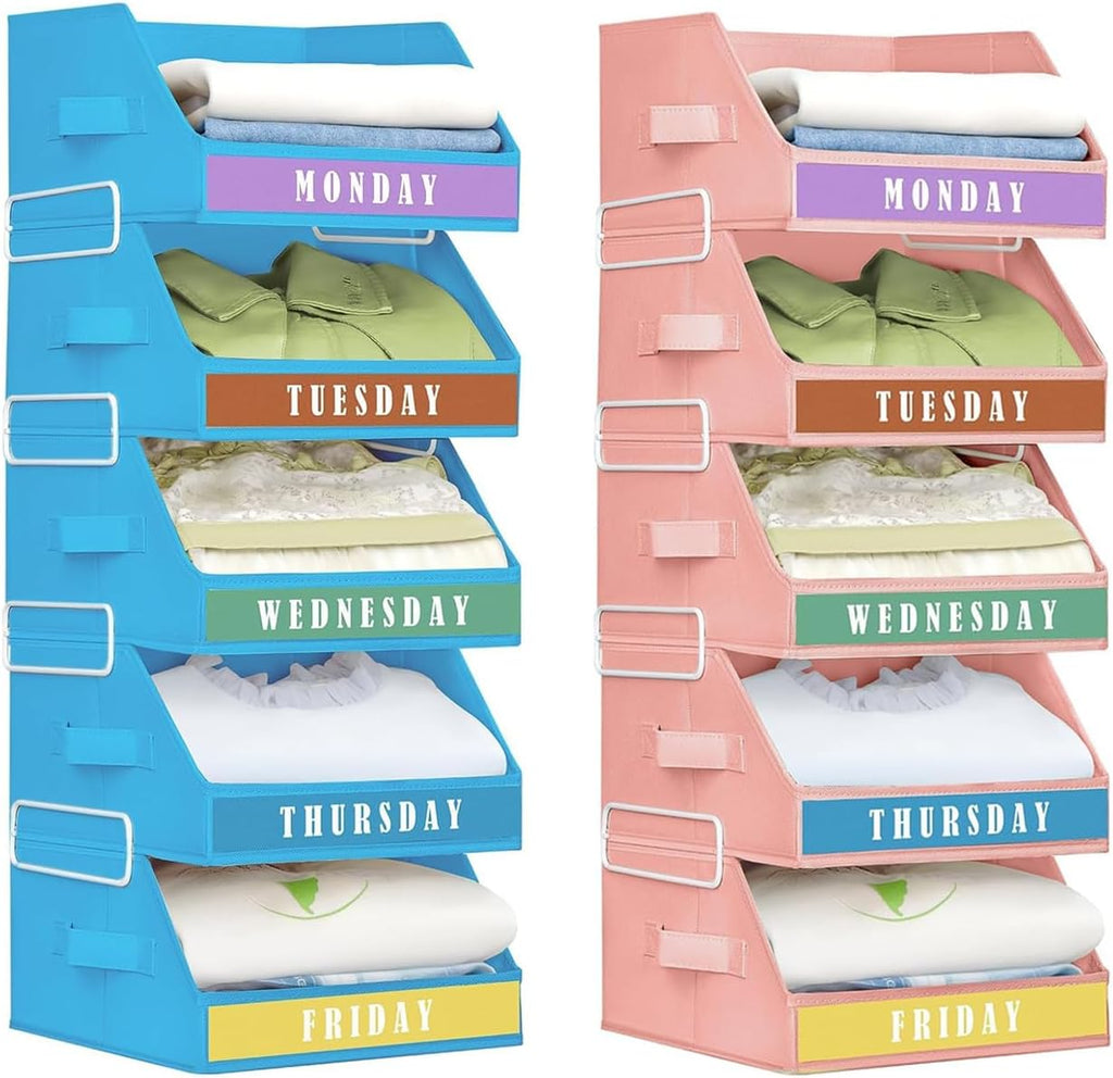 Homsorout Closet Organizers and Storage - 5 Tier Shelf Organizer with Weekly Labels, Stackable Storage Bins with Metal Frame, Pink & Grey