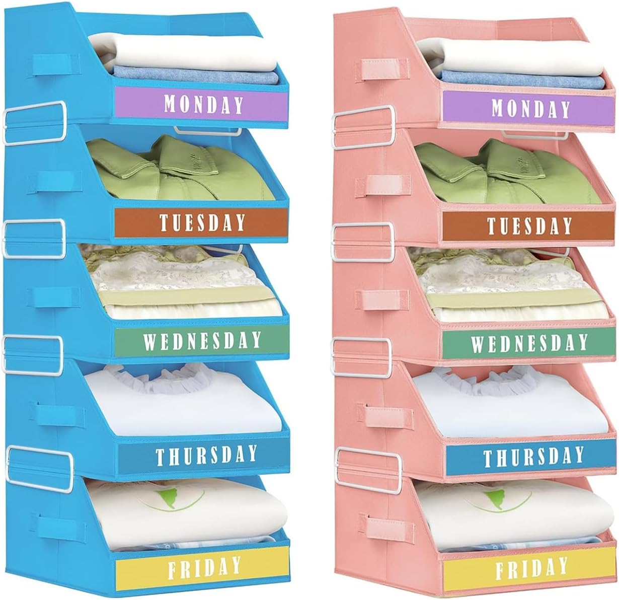 Homsorout Closet Organizers and Storage - 5 Tier Shelf Organizer with Weekly Labels, Stackable Storage Bins with Metal Frame, Pink & Grey