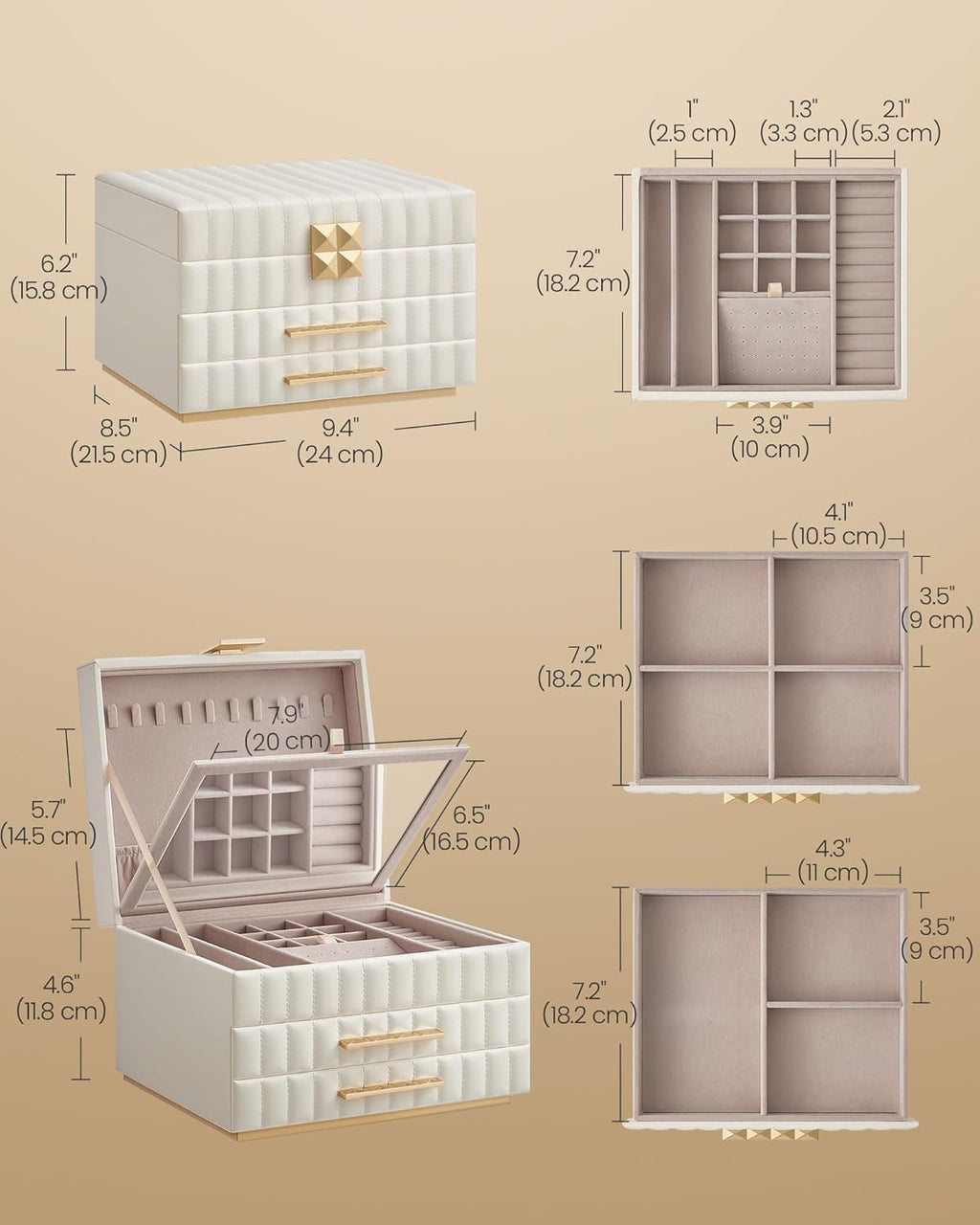 SONGMICS HOME 3-Tier Jewelry Box with Mirror, Jewelry Organizer with 2 Drawers, PU Surface with Stitching, Floating Effect, 8.5 x 9.4 x 6.2 Inches, Cloud White, ANAH Collection UJBC183W01