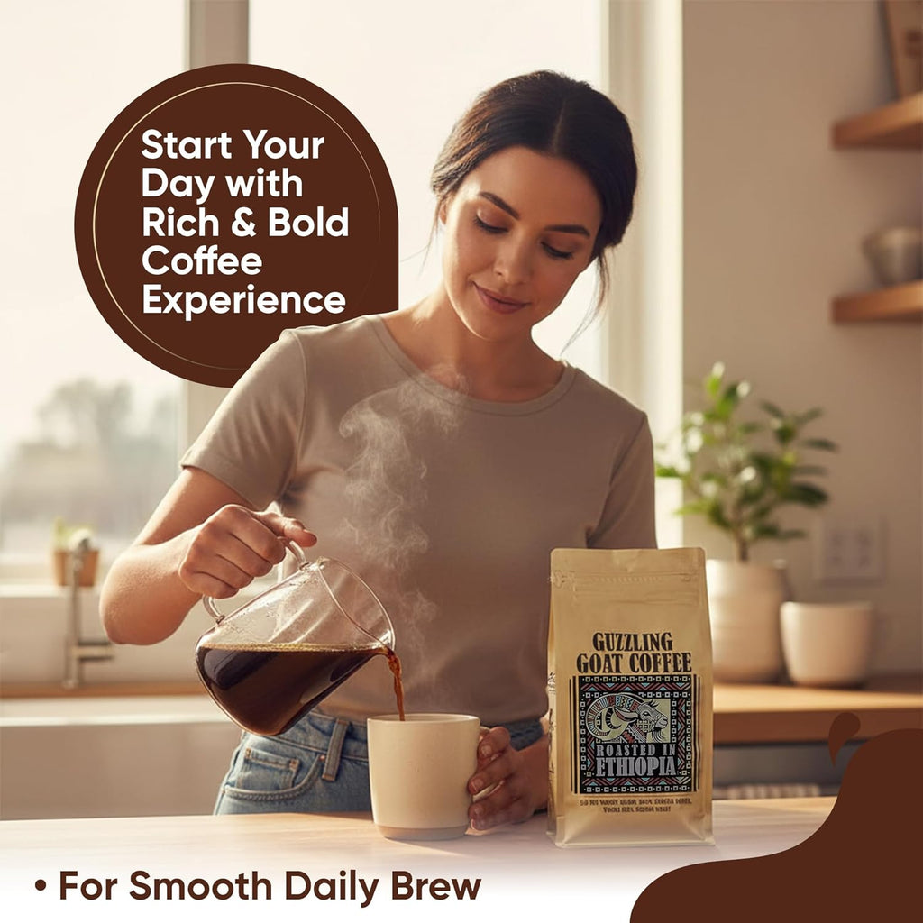 Guzzling Goat Ethiopian Coffee Beans | Premium 100% Arabica Whole Bean Coffee Medium Roast | Strong Flavorful Brew | Sourced & Roasted in Ethiopia | 1 lb (454g)