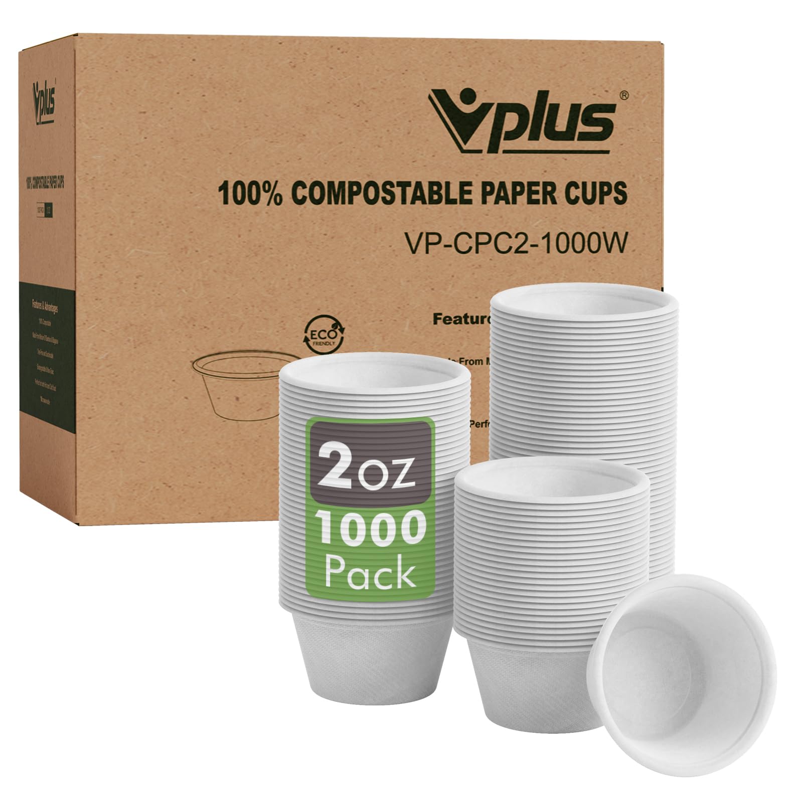 Vplus 1000 Pack 2 OZ Disposable Souffle Cups, 100% Compostable Portion Cups, Food Sample Cups Made From Bagasse Fibe, Perfect For Dips, Jams, Honey, Sauces, Nuts