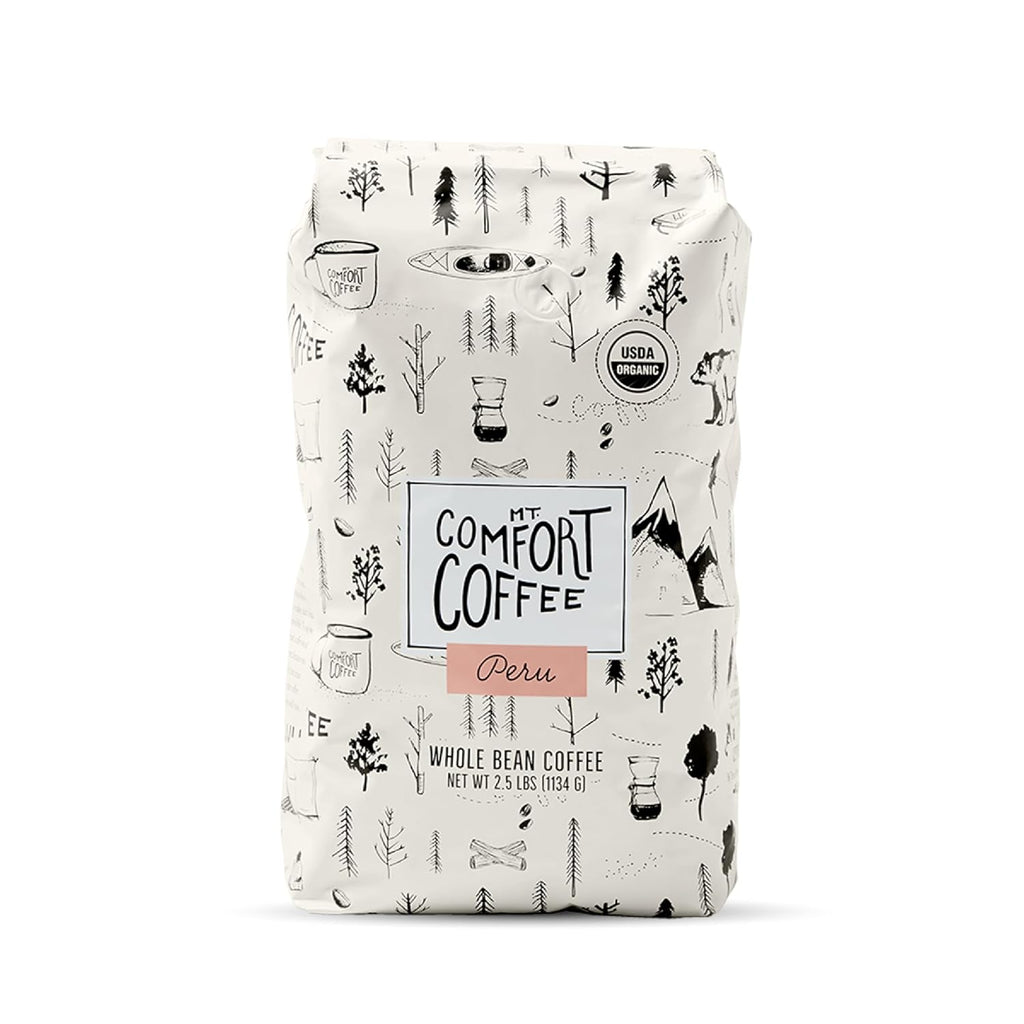 Mt. Comfort Coffee Organic Peru Medium Roast, 2.5 Pounds - Flavor Notes of Nutty, Chocolate, & Citrus - Sourced From Small, Peruvian Coffee Farms - Roasted Whole Beans