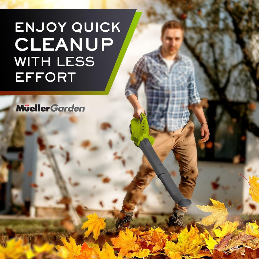 Mueller UltraStorm Leaf Blower Cordless Electric, with 2 Batteries and Charger, 140 MPH 20 V Powerful Motor, 2 Speed Levels, 1hr Charge, Lightweight, Blowers for Lawn Care, Blower for Snow
