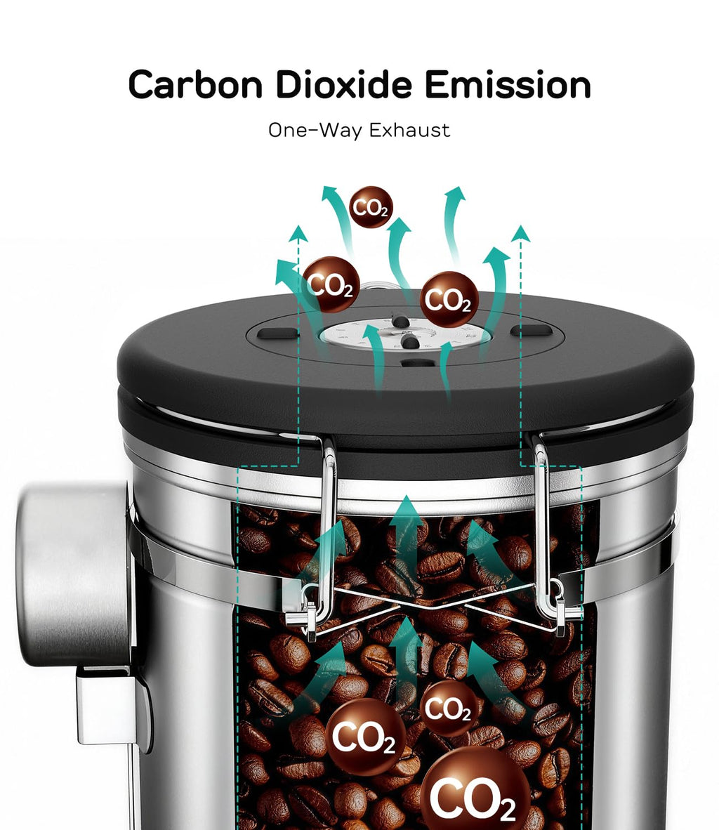 Coffee Gator Stainless Steel Canister - Medium 16oz, Gray Coffee Grounds and Beans Container with Date-Tracker, CO2-Release Valve, and Measuring Scoop - Ideal Coffee Lovers Gifts