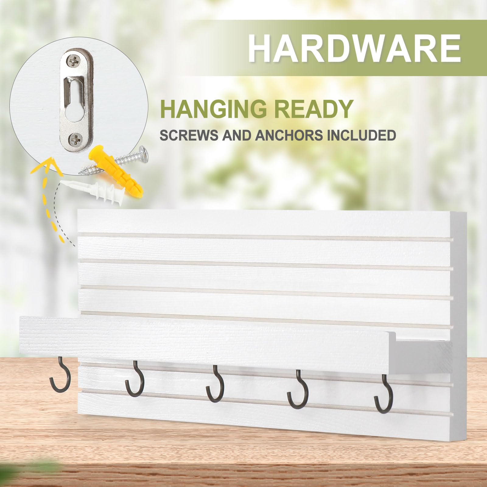 Decorative Key Holder for Wall with Shelf, Entryway Shelf with Hooks Holds Leashes, Jackets and Glasses – Sturdy Wood Keyholder Entrance Hanger with Mounting Hardware (Black, Medium)