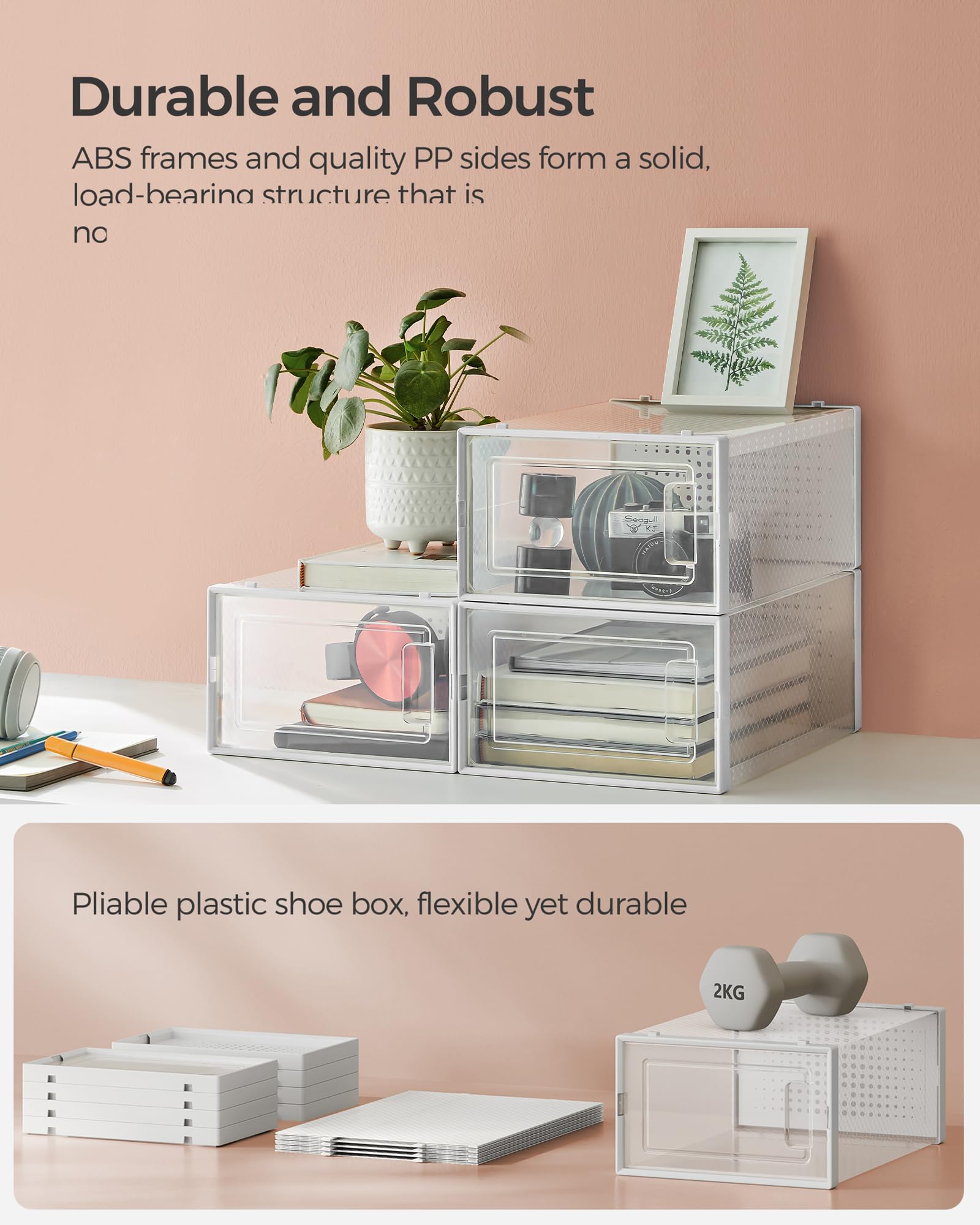 SONGMICS Shoe Boxes, Pack of 12 Shoe Storage Organizers, Stackable Clear Plastic Boxes for Closet, Sneakers, 13.1 x 9.1 x 5.6 Inches, Transparent and White ULSP12SWT