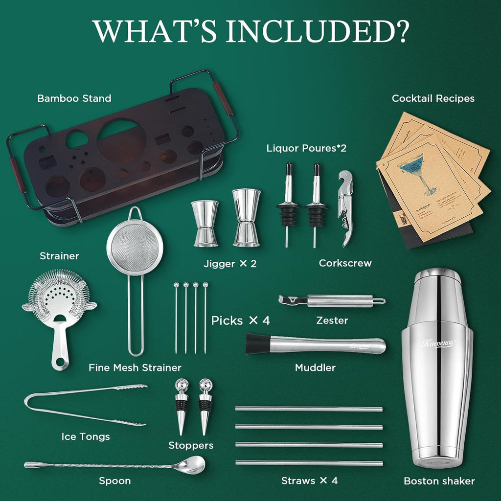 KITESSENSU Boston Shaker Set with Stand | Complete 24-Piece Bartender Cocktail Kit with All Bar Accessories