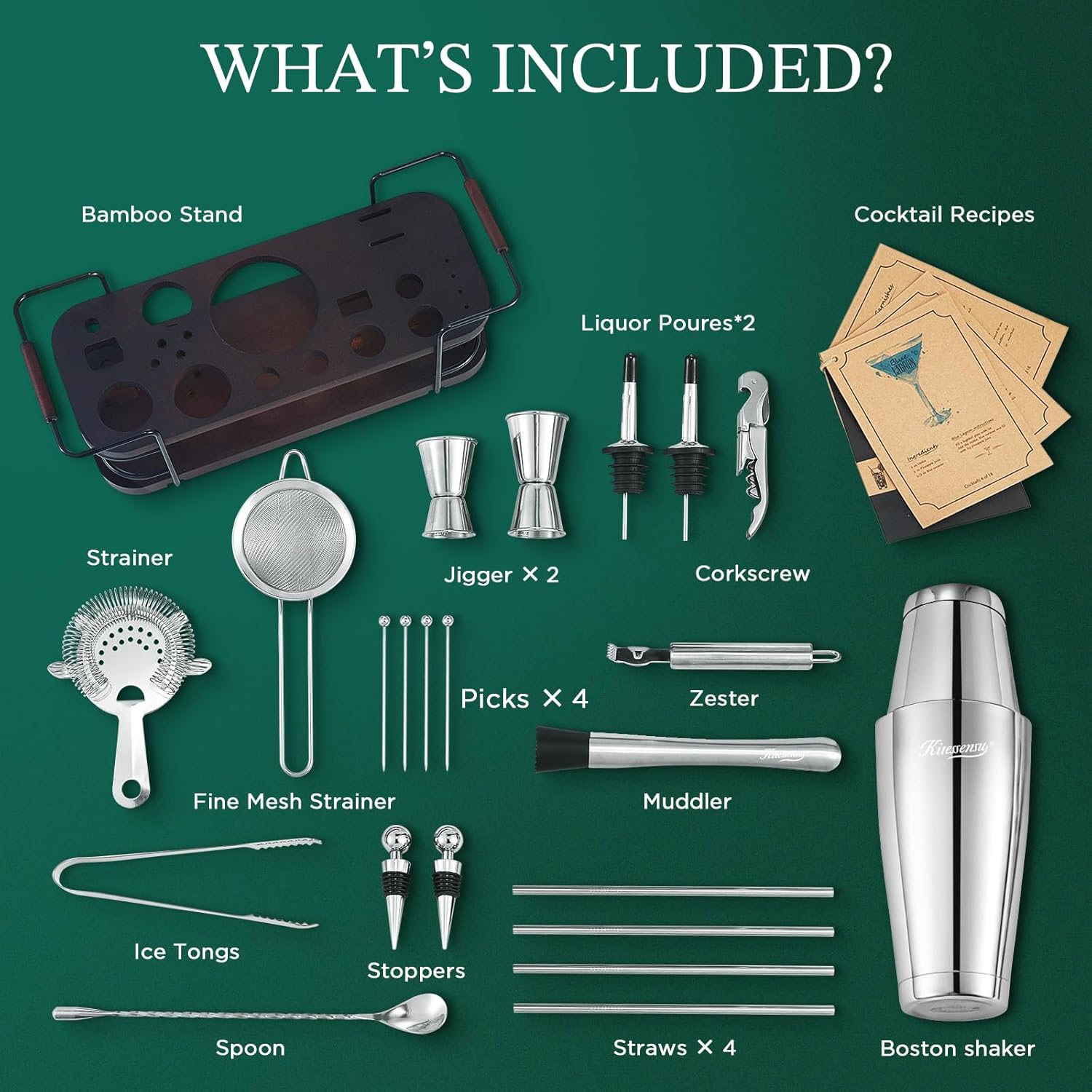 KITESSENSU Boston Shaker Set with Stand | Complete 24-Piece Bartender Cocktail Kit with All Bar Accessories