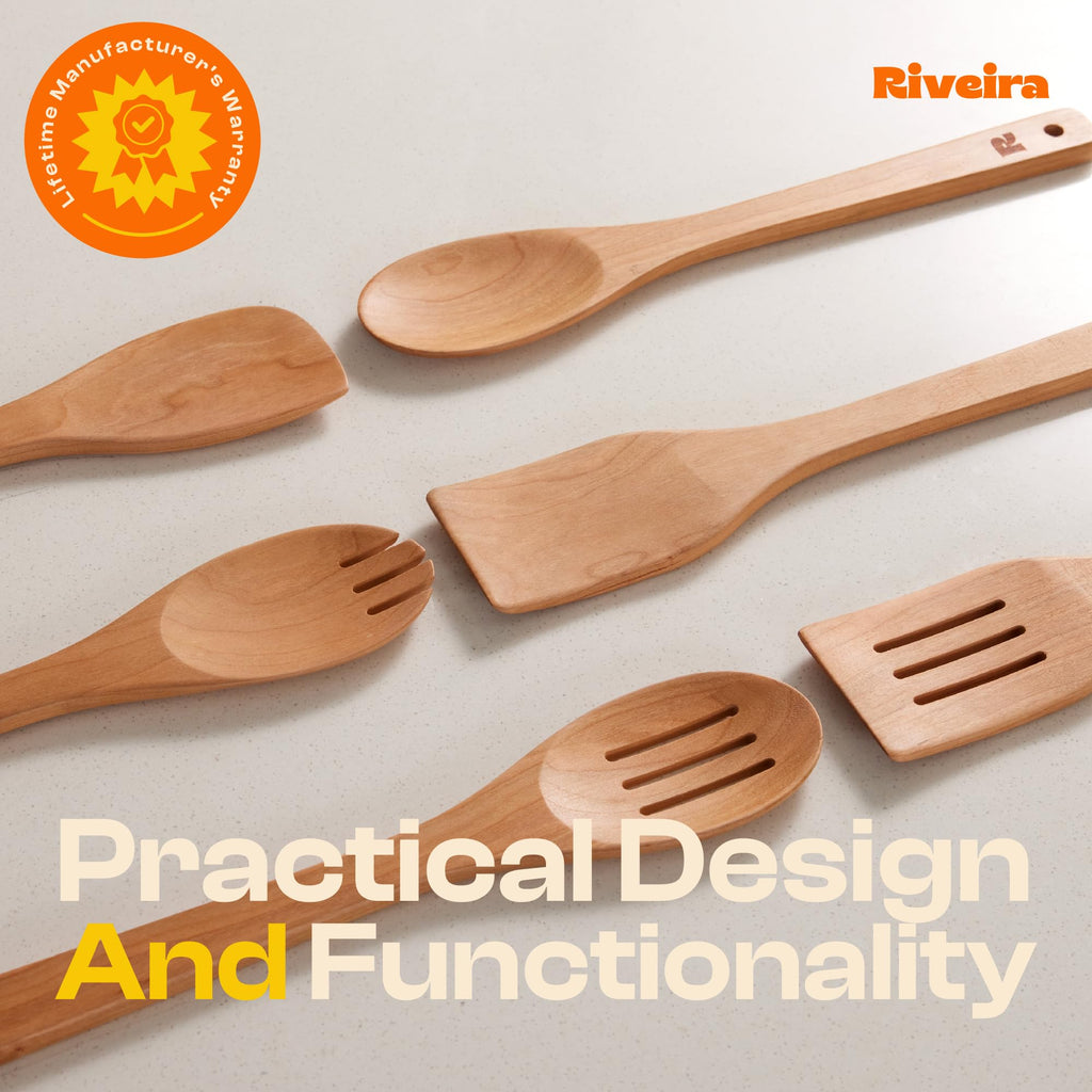 Riveira Dark Bamboo Wooden Spoons for Cooking 6-Piece, Apartment Essentials Wood Spatula Spoon Nonstick Kitchen Utensil Set Premium Quality Housewarming Gifts for Everyday Use