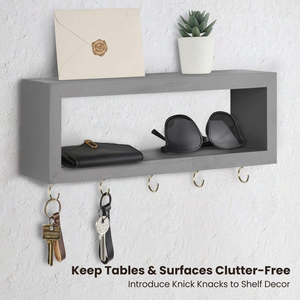 Wall Shelf with Hooks - Decorative Key and Wallet Holder for Wall Holds Sunglasses, Leashes, Scarves and Lanyards - 15.7" x 5.1" x 2.9" Entryway Organizer Made of Paulownia Wood (White)
