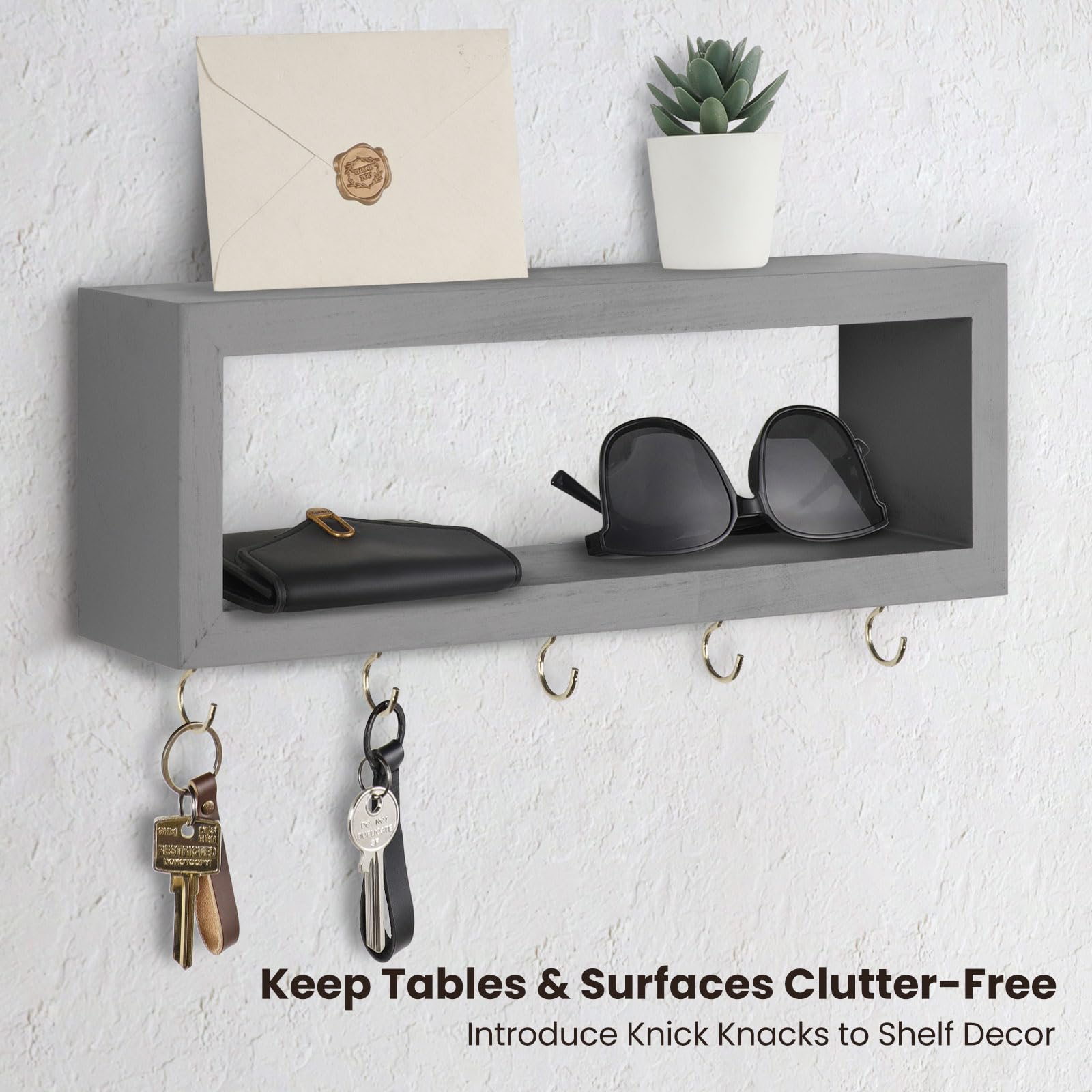 Wall Shelf with Hooks - Decorative Key and Wallet Holder for Wall Holds Sunglasses, Leashes, Scarves and Lanyards - 15.7" x 5.1" x 2.9" Entryway Organizer Made of Paulownia Wood (White)