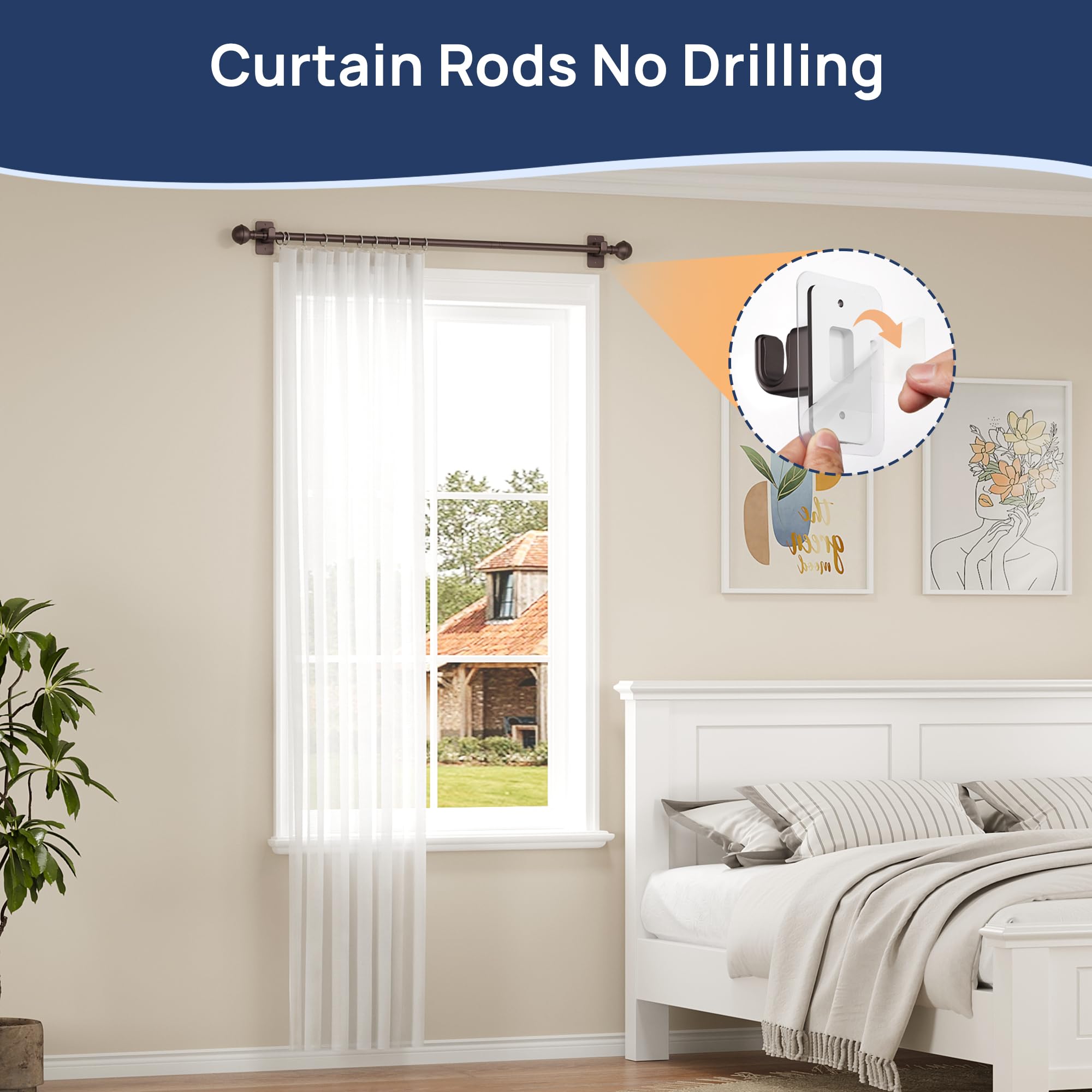 ENJOYBASICS No Drill Curtain Rods for Window 28 to 47 Inches, 5/8 Inch Diameter Renter Friendly Drapery Rod with Adhesive Brackets without Drilling, Adjustable from 27 to 52 Inches, Black