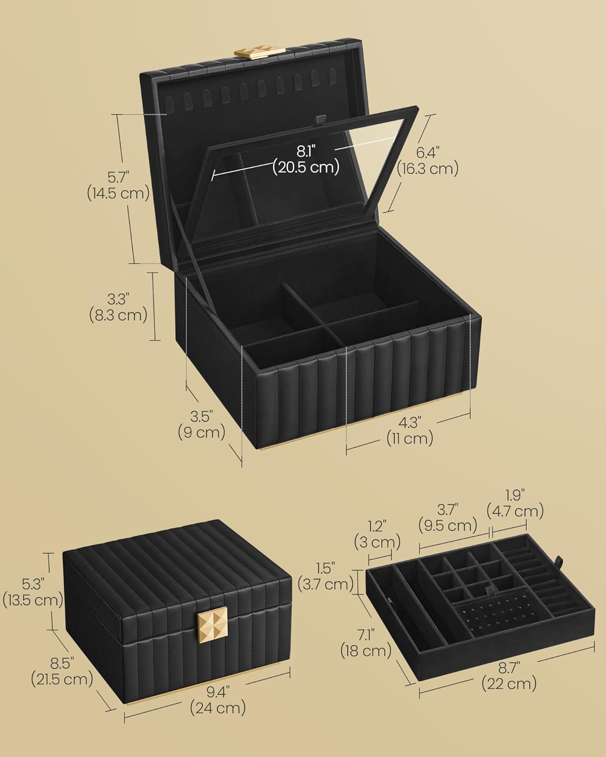 SONGMICS HOME 2-Tier Jewelry Box with Mirror, Jewelry Organizer, Removable Tray, PU Surface with Stitching, Floating Effect, 8.5 x 9.4 x 5.3 Inches, Ink Black, ANAH Collection UJBC182B01