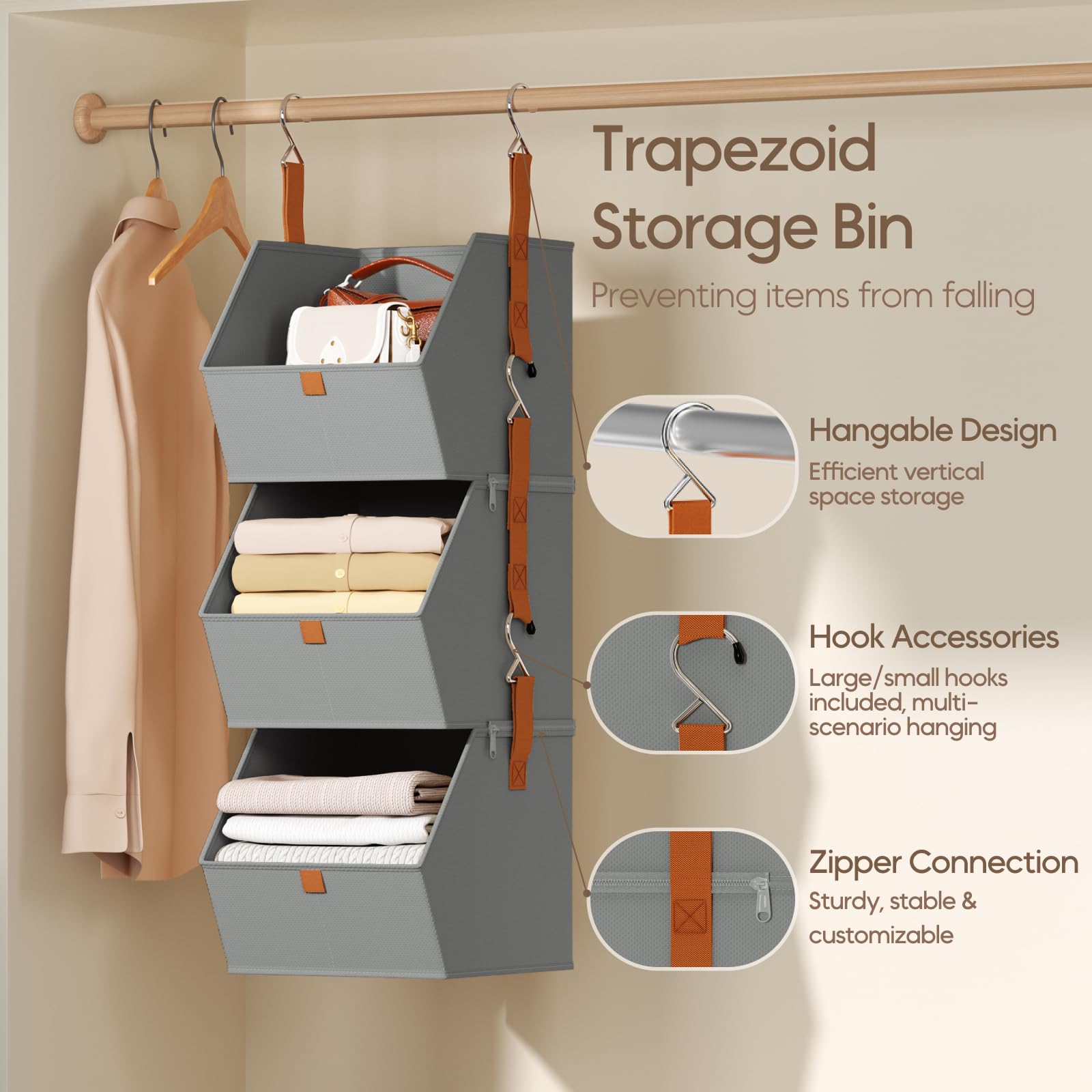 Homsorout Hanging Closet Organizer 4 Tier - Clothes Hanging Shelves, Space-Saving Closet System, Fabric Storage Bins Bedroom Organization, Collapsible Baskets for Home, Dorm, Rv, Beige