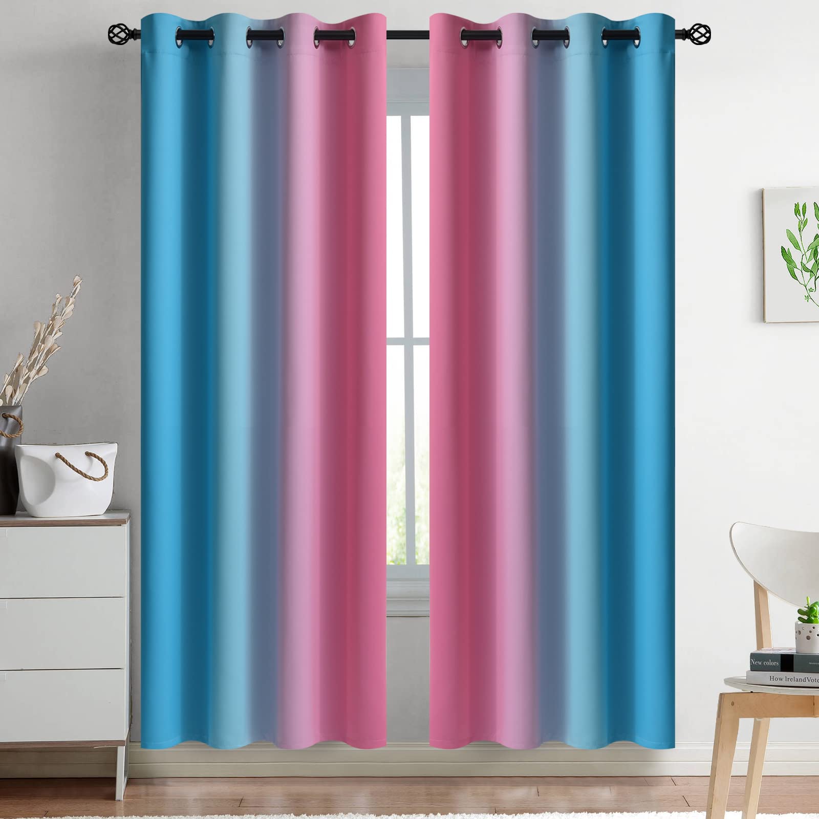 Yakamok Blue and Greyish White Ombre Curtains, Room Darkening Gradient Color Curtains for Bedroom, Light Blocking Thermal Insulated Window Drapes for Living Room(2 Panels, 52x84 Inch)