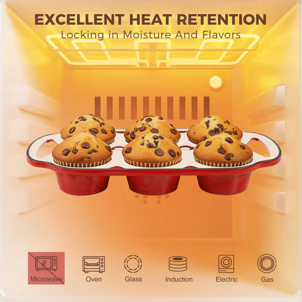 HONGBAKE Everline Collection Enameled Cast Iron Muffin Pan, Non Tocix Naturally Muffin Tin 6, Non Stick Cup Cake Pans for Baking, Oven & Stovetop Safe, Standard Size, 2 Pack, Blue