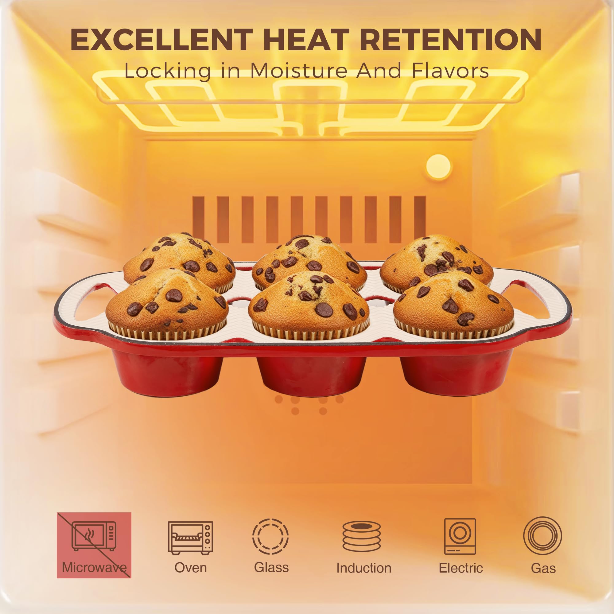 HONGBAKE Everline Collection Enameled Cast Iron Muffin Pan, Non Tocix Naturally Muffin Tin 6, Non Stick Cup Cake Pans for Baking, Oven & Stovetop Safe, Standard Size, 2 Pack, Blue