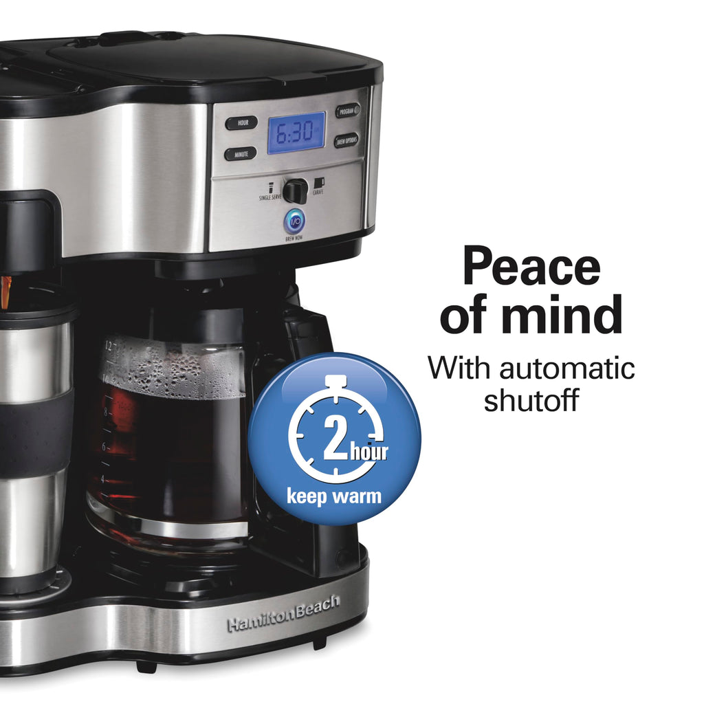 Hamilton Beach 2-Way Programmable Coffee Maker, 12 Cup Glass Carafe And Single Serve Coffee Maker, Black with Stainless Steel Accents, 49980RG