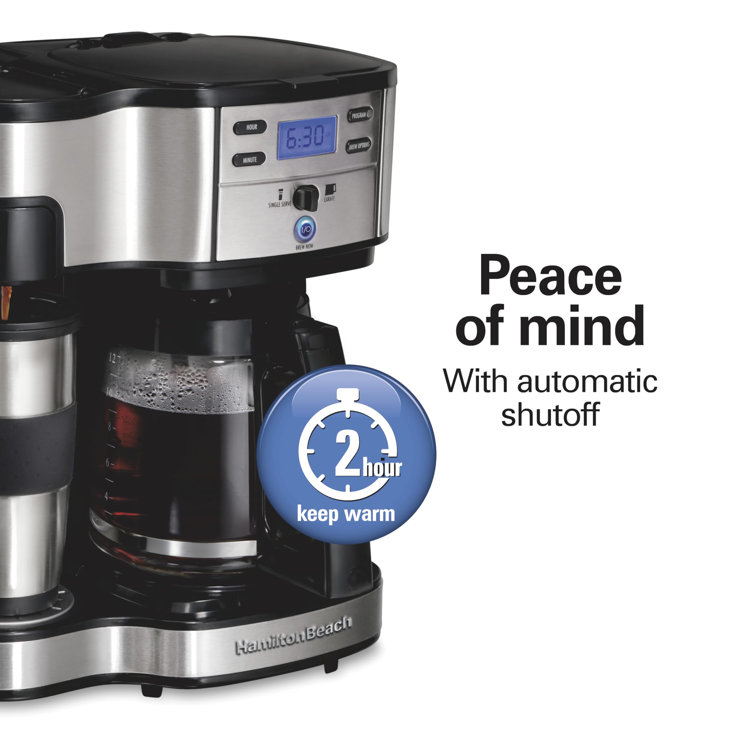 Hamilton Beach 2-Way Programmable Coffee Maker, 12 Cup Glass Carafe And Single Serve Coffee Maker, Black with Stainless Steel Accents, 49980RG