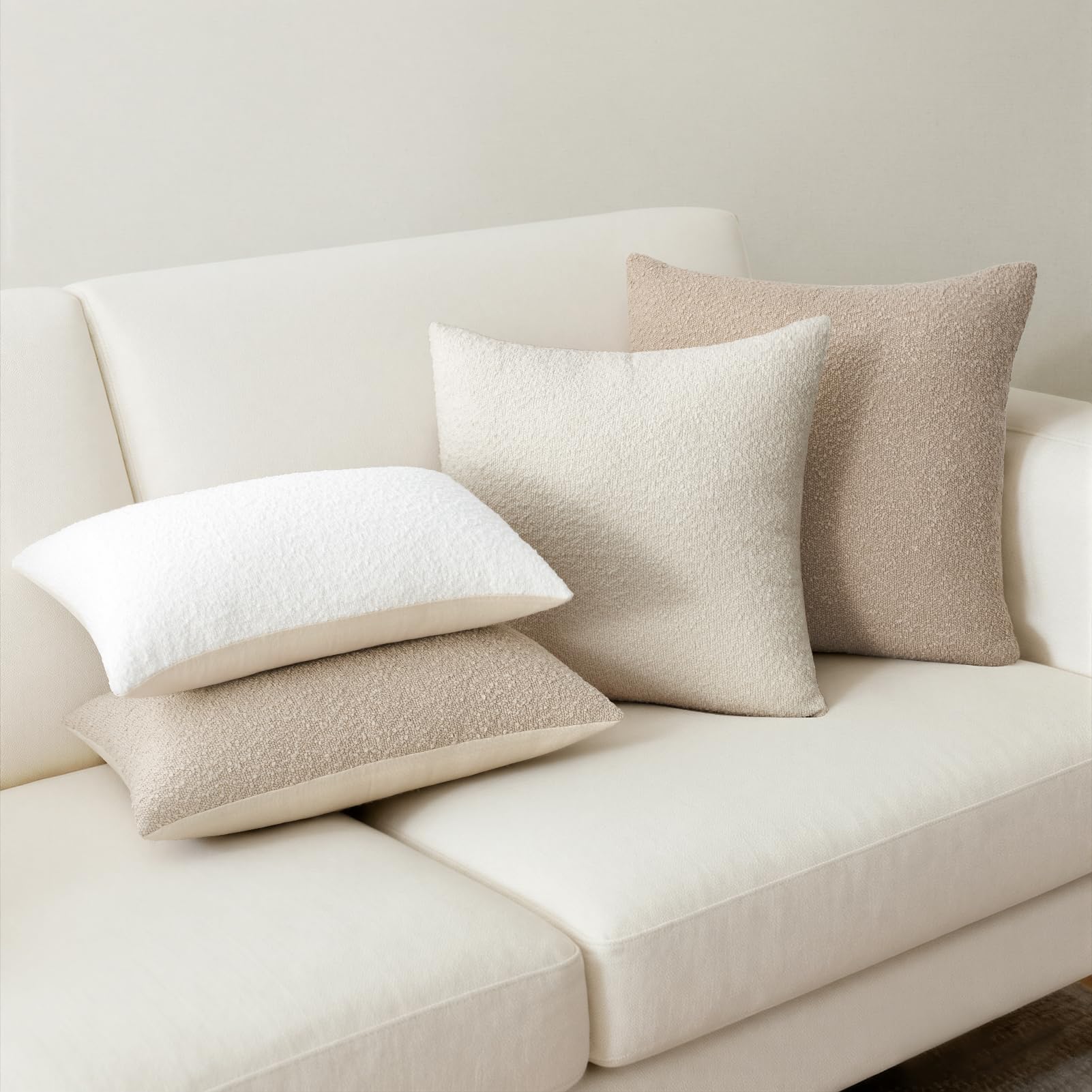 Topfinel Boucle Decorative Pillow Covers 18x18 Inches Set of 4 Neutral Cream Ivory White Pillowcase with Linen Cotton Back Chair Sofa Modern & Minimal Living Room Spring Home Decor