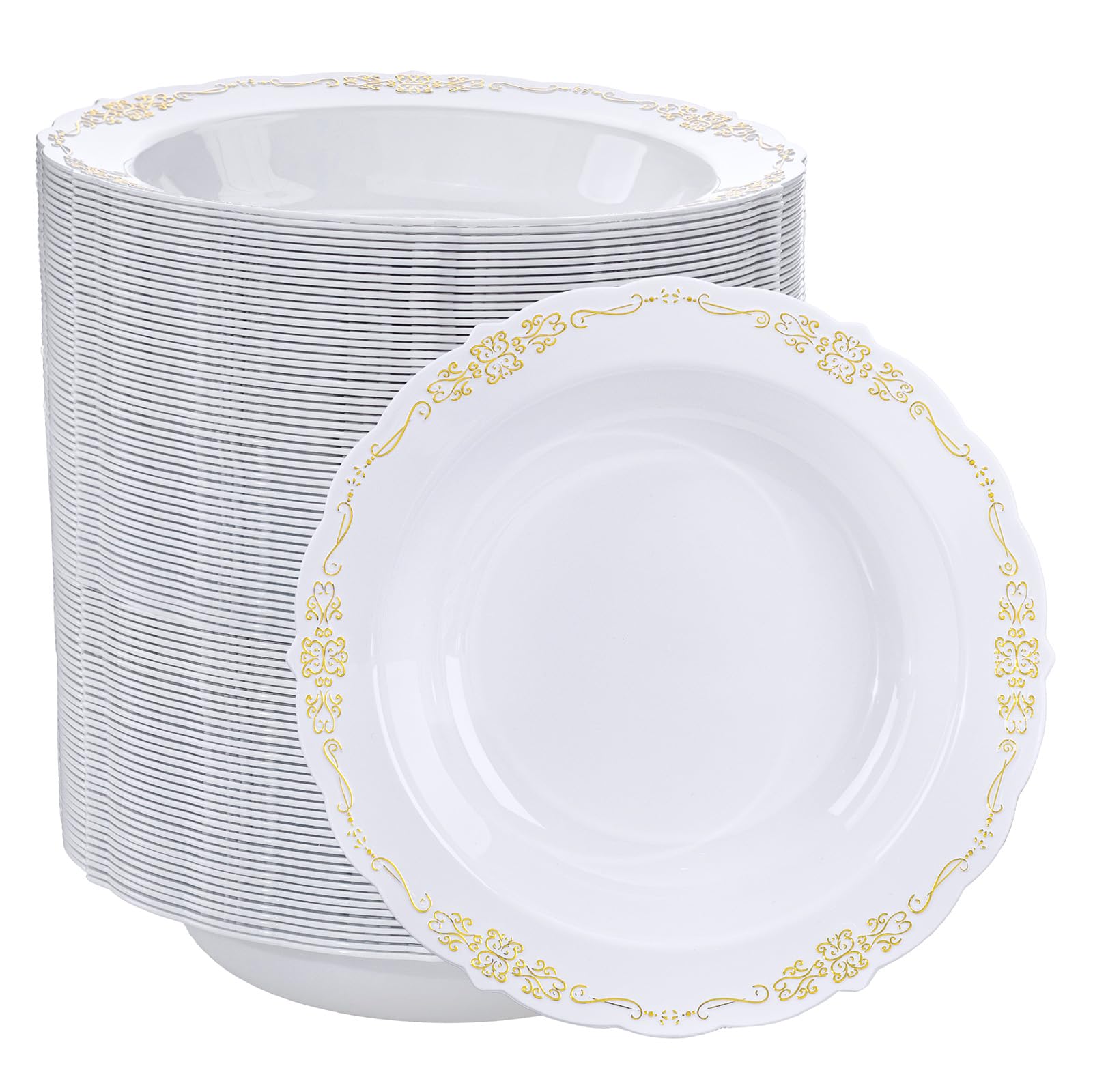 DaYammi 50 Pack White Plastic Bowls, 12oz Disposable Soup Bowls, White bowls Disposable Heavy Duty Dinner Bowls for Weddings, Salad Bowl for Parties, Dinners, Catering and Everyday Use