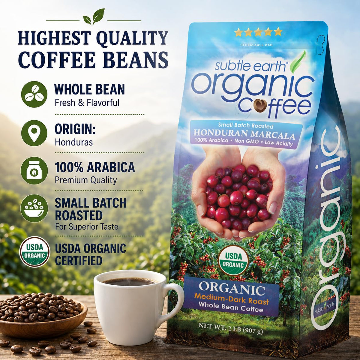 2LB Subtle Earth Organic Coffee - Dark Roast - Whole Bean Coffee - 100% Arabica Beans - Low Acidity and Non-GMO - 2lb bag