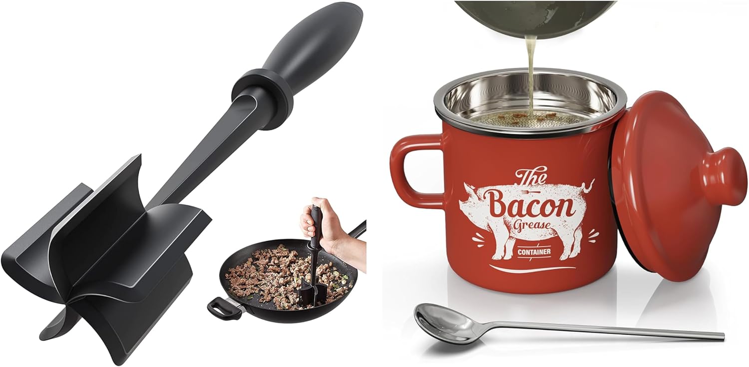 Black Meat Chopper and 15OZ Mini Red Bacon Grease Container