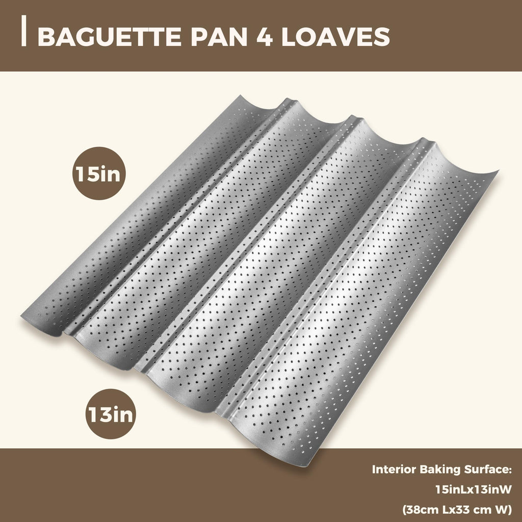 KITESSENSU Nonstick Baguette Pans for French Bread Baking, Perforated 2 Loaves Baguettes Bakery Tray, 15" x 6.3", Silver